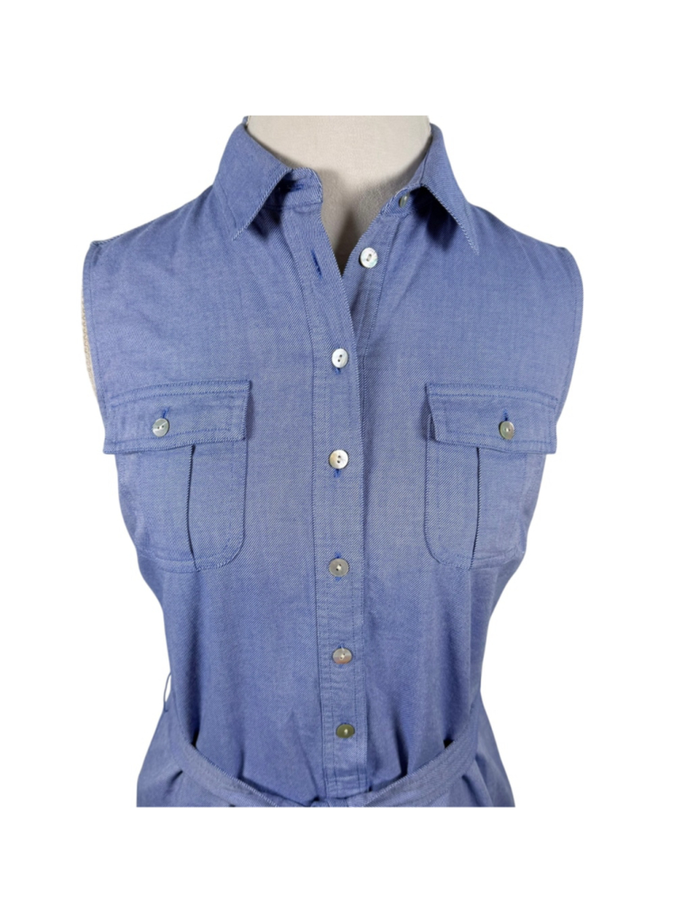 Vineyard Vines Denim Shirt Dress 100% Cotton Blue Border Stripe Belted Size 2 - Picture 3 of 11